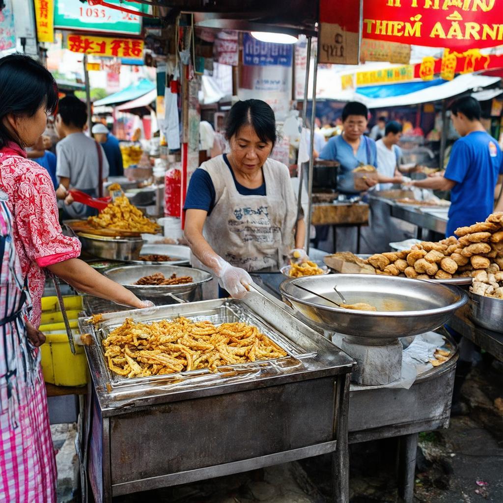 Quay hang hoac nguoi dan thuong thuc am thuc duong pho tai cho Bo De Ha Noi