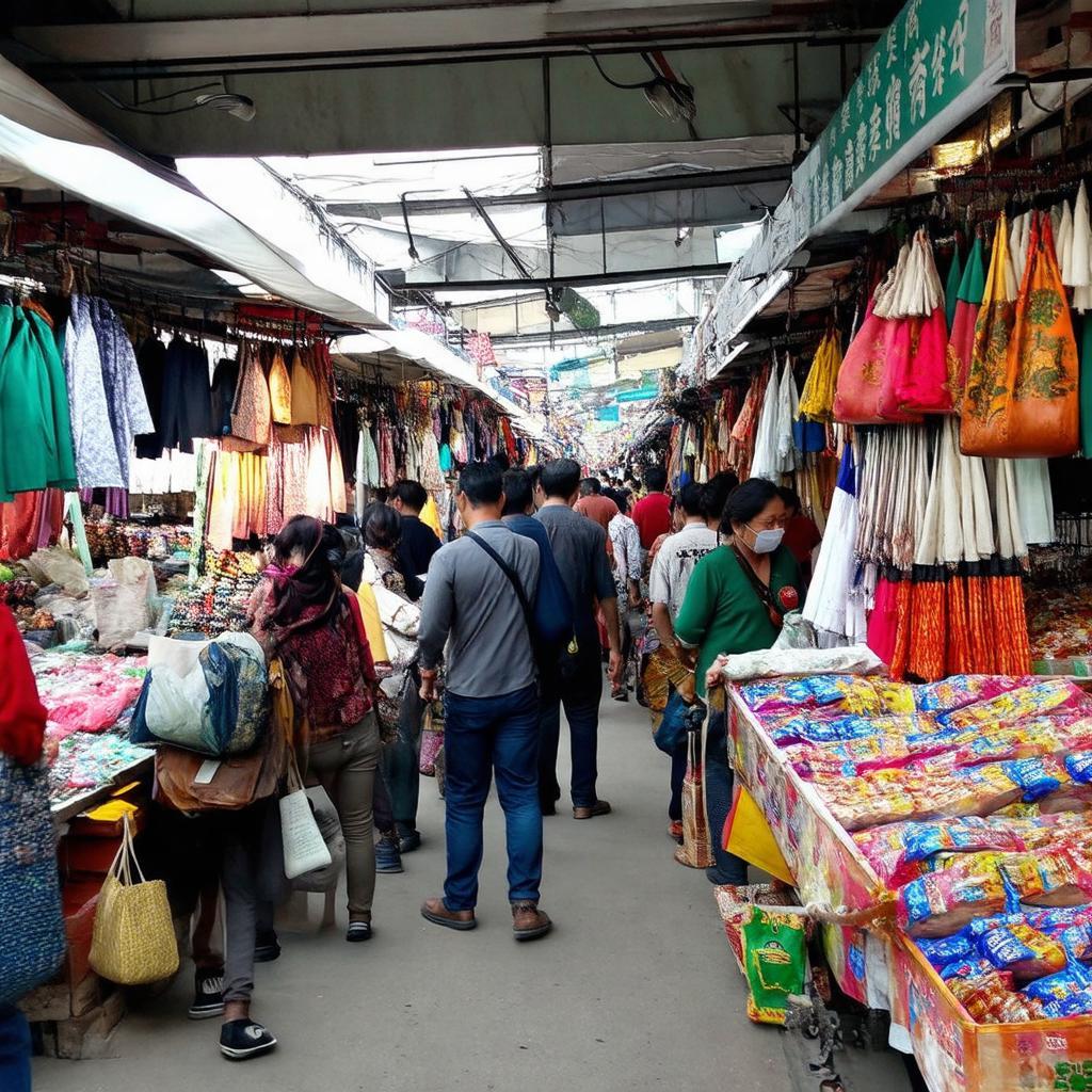 Không khí nhộn nhịp bên trong Chợ Cửa khẩu Mộc Bài với nhiều quầy hàng và người mua sắm.
