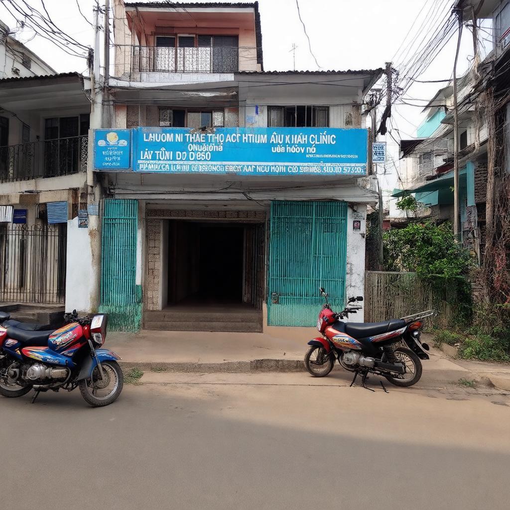 Minh họa chỗ đậu xe máy hoặc khu vực chờ phía trước một phòng khám trong hẻm.