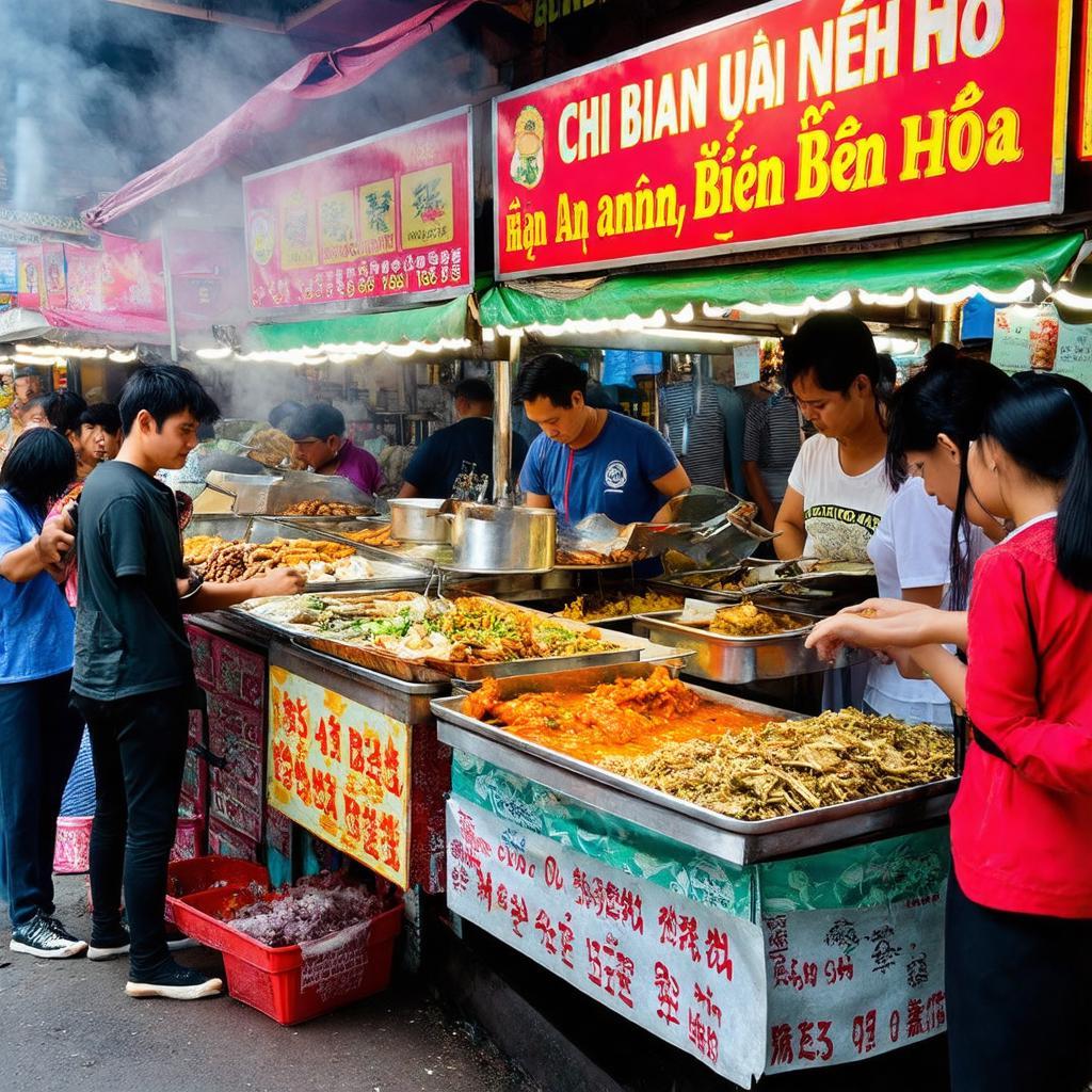 Gian hàng ẩm thực đường phố tấp nập với đa dạng món ngon tại Chợ Đồi An Bình, Biên Hòa.