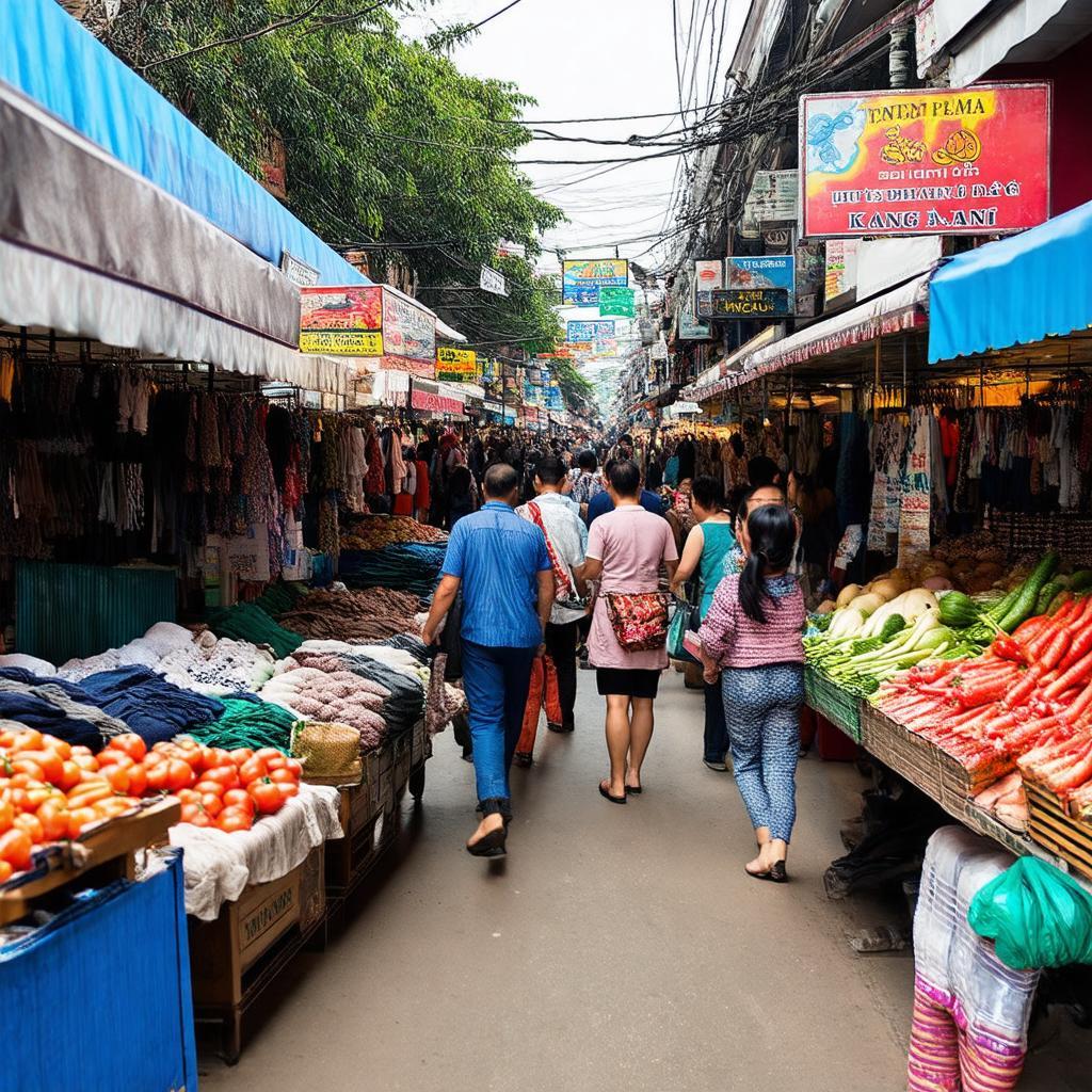 Toan canh cho Don Bien Hoa dong duc, nhieu gian hang ban da dang san pham.