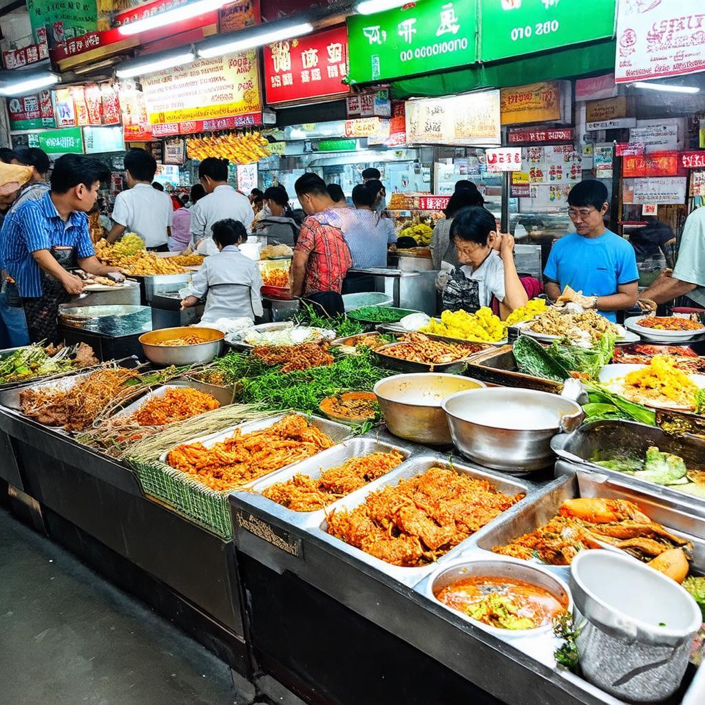 Một góc khu ẩm thực tấp nập với nhiều món ngon tại Chợ Đông Bình Bình Minh Vĩnh Long