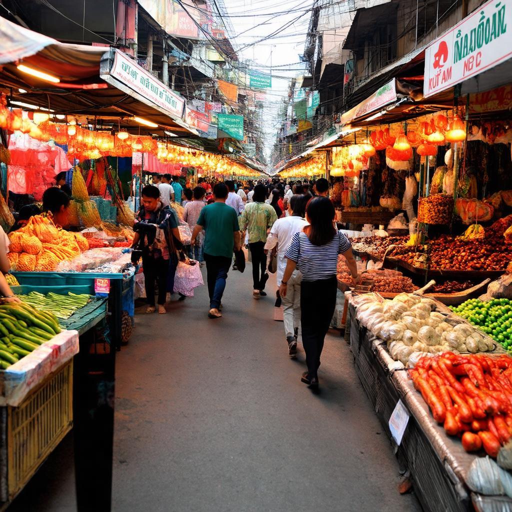 Không khí nhộn nhịp tại Chợ Hải Mỹ Thuận An với nhiều người mua sắm và quầy hàng