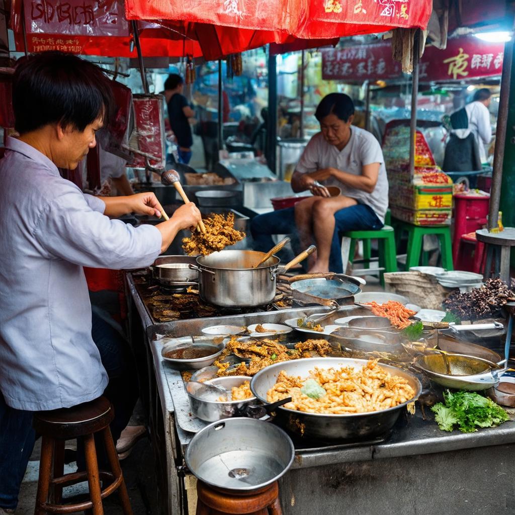 Một quầy bán món ăn đường phố hấp dẫn tại khu ẩm thực Chợ Hiệp Thành.