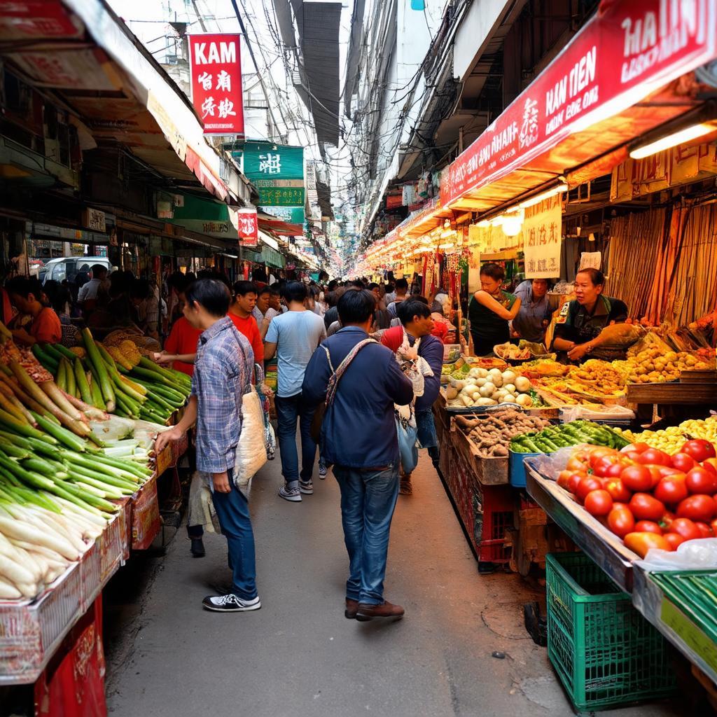 Quang cảnh chợ Khâm Thiên Hà Nội tấp nập với người mua bán và đa dạng hàng hóa truyền thống.