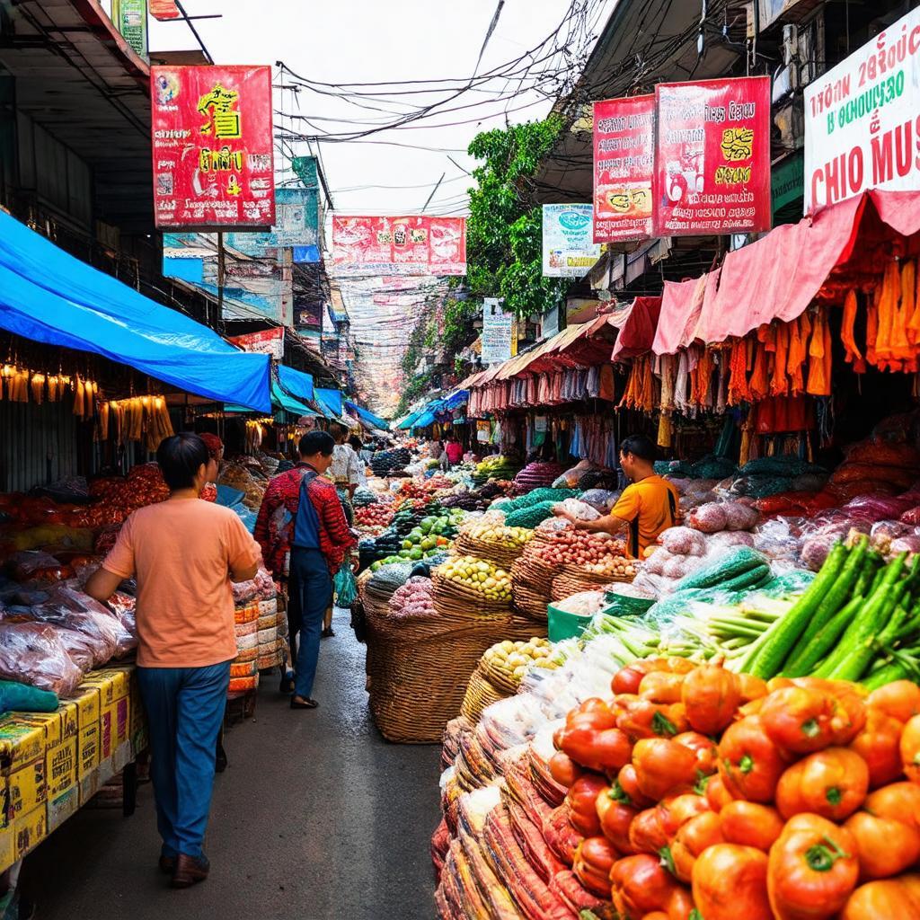 Hình ảnh tổng quan Chợ Lịch Hội Thượng, Sóc Trăng với không khí nhộn nhịp, bày bán nhiều đặc sản. Miền Tây sông nước.