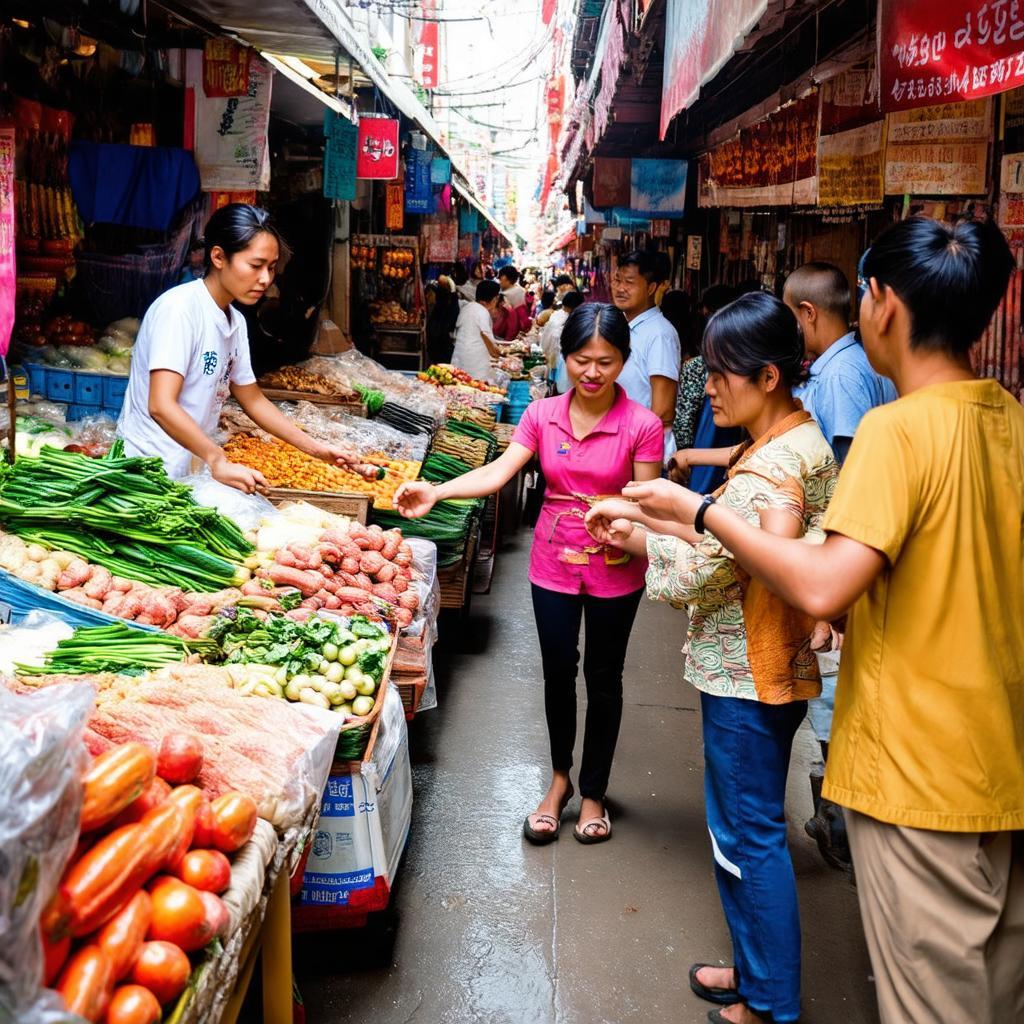 Khung cảnh nhộn nhịp chợ linh trung hẻm 144 nơi sinh viên người lao động mua sắm nhu yếu phẩm.