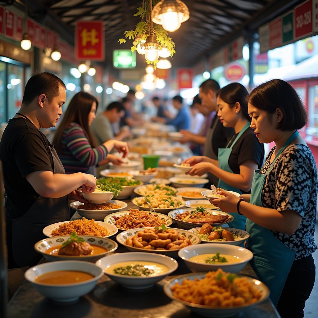 Những gánh hàng và quán ăn đường phố hấp dẫn tại khu ẩm thực Chợ Long Thành Mỹ với nhiều món ngon.