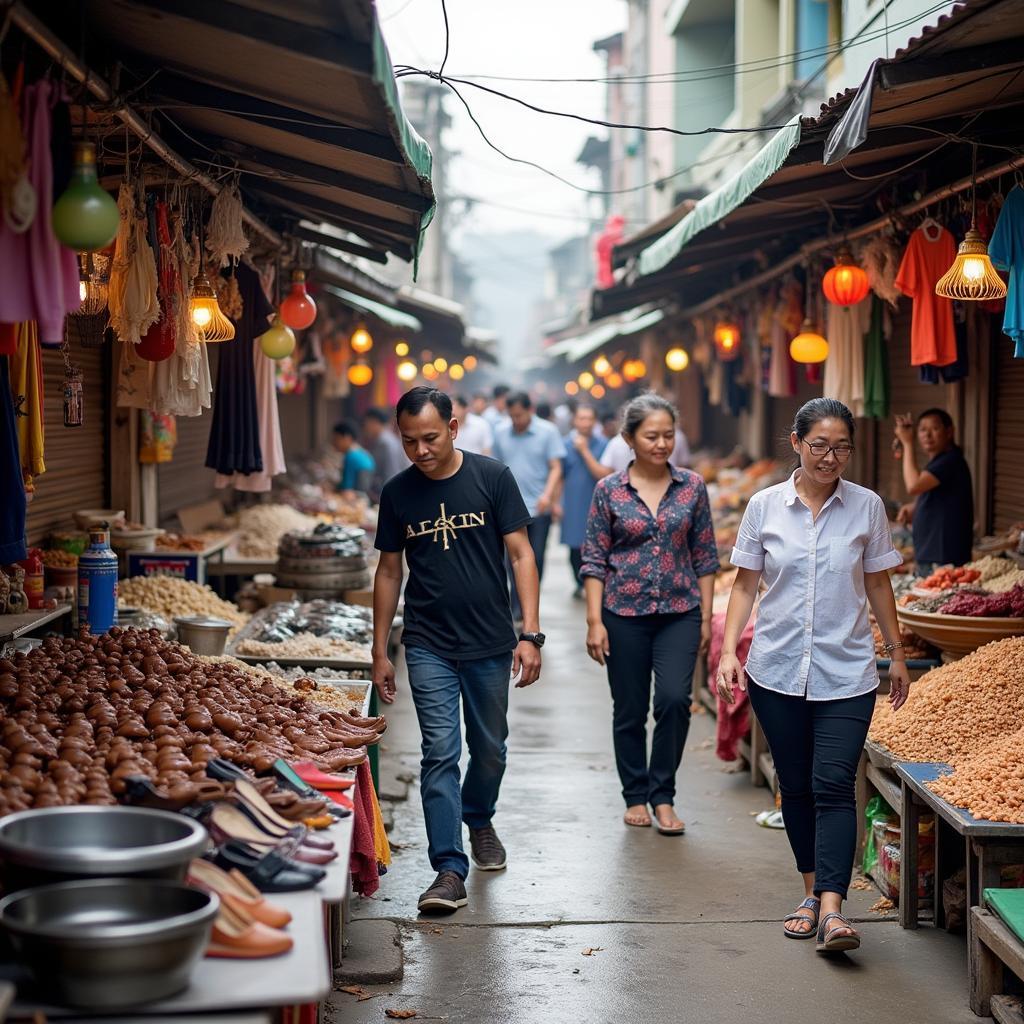 Khung cảnh nhộn nhịp tại Chợ Long Thành Mỹ với nhiều sạp hàng bán quần áo, đồ gia dụng, và thực phẩm.