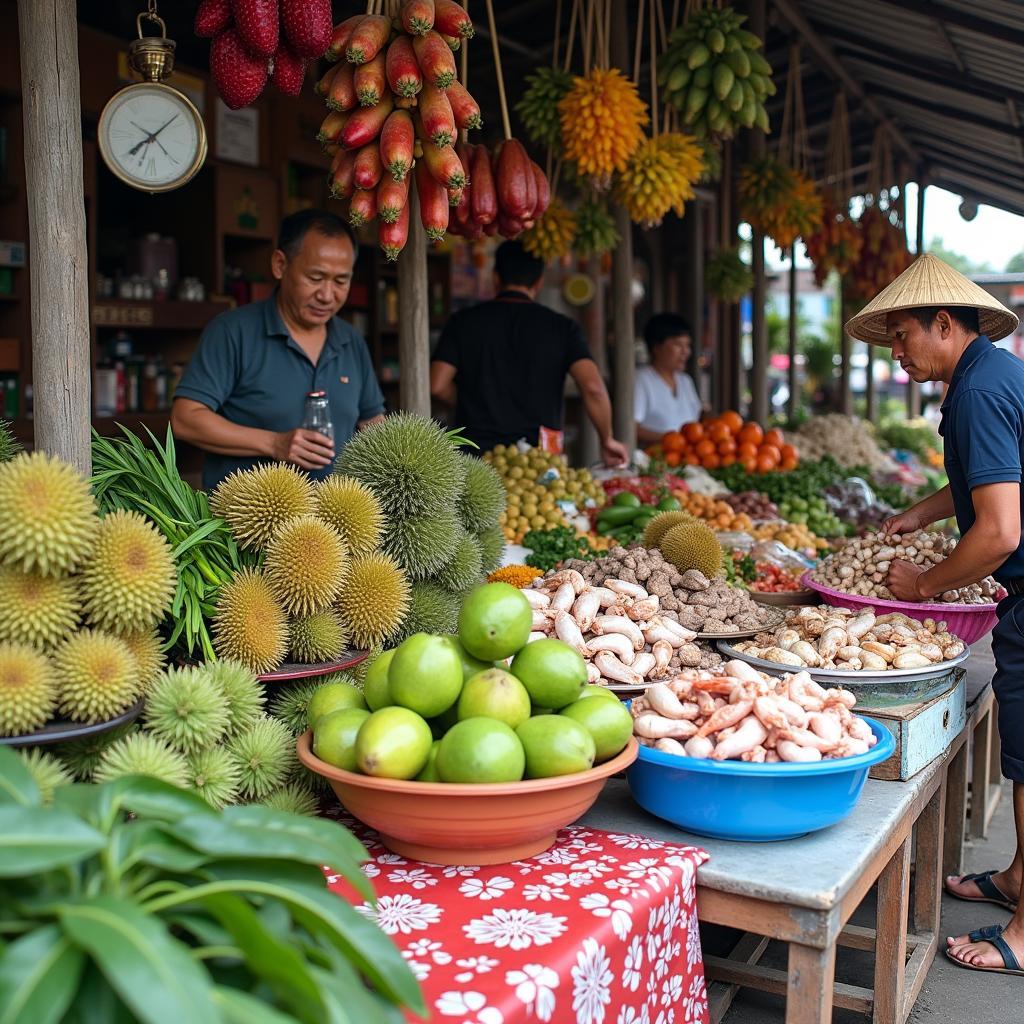 Quầy hàng đầy ắp rau củ, trái cây và hải sản tươi ngon tại Chợ Mỹ Lương miền Tây