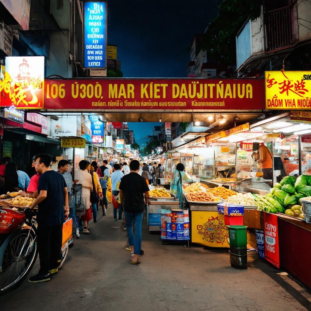 Hình ảnh cổng chợ Nhỏ Quận 9 Lê Văn Việt buổi tối nhộn nhịp