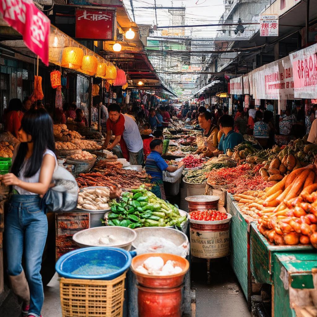 Toàn cảnh chợ P. 4 Vị Thanh sầm uất với nhiều gian hàng và người mua bán tấp nập.