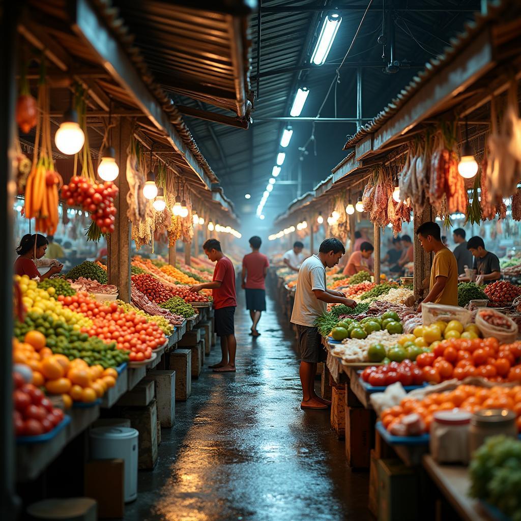 Khu vực bán thực phẩm tươi sống, rau củ, thịt cá đa dạng tại chợ truyền thống Phú An.