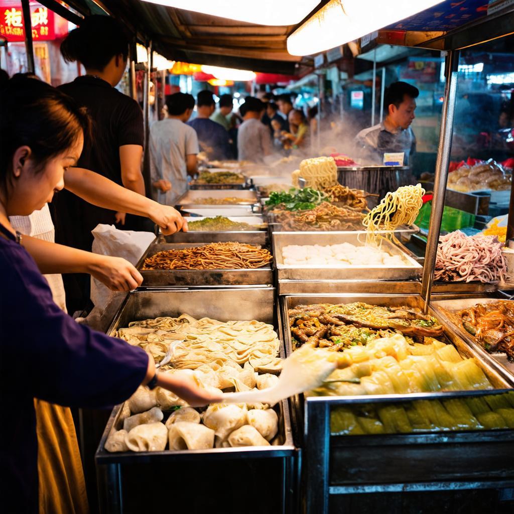 Khu ẩm thực đường phố tấp nập tại chợ Phú Nhuận với nhiều món ăn vặt và món chính hấp dẫn.
