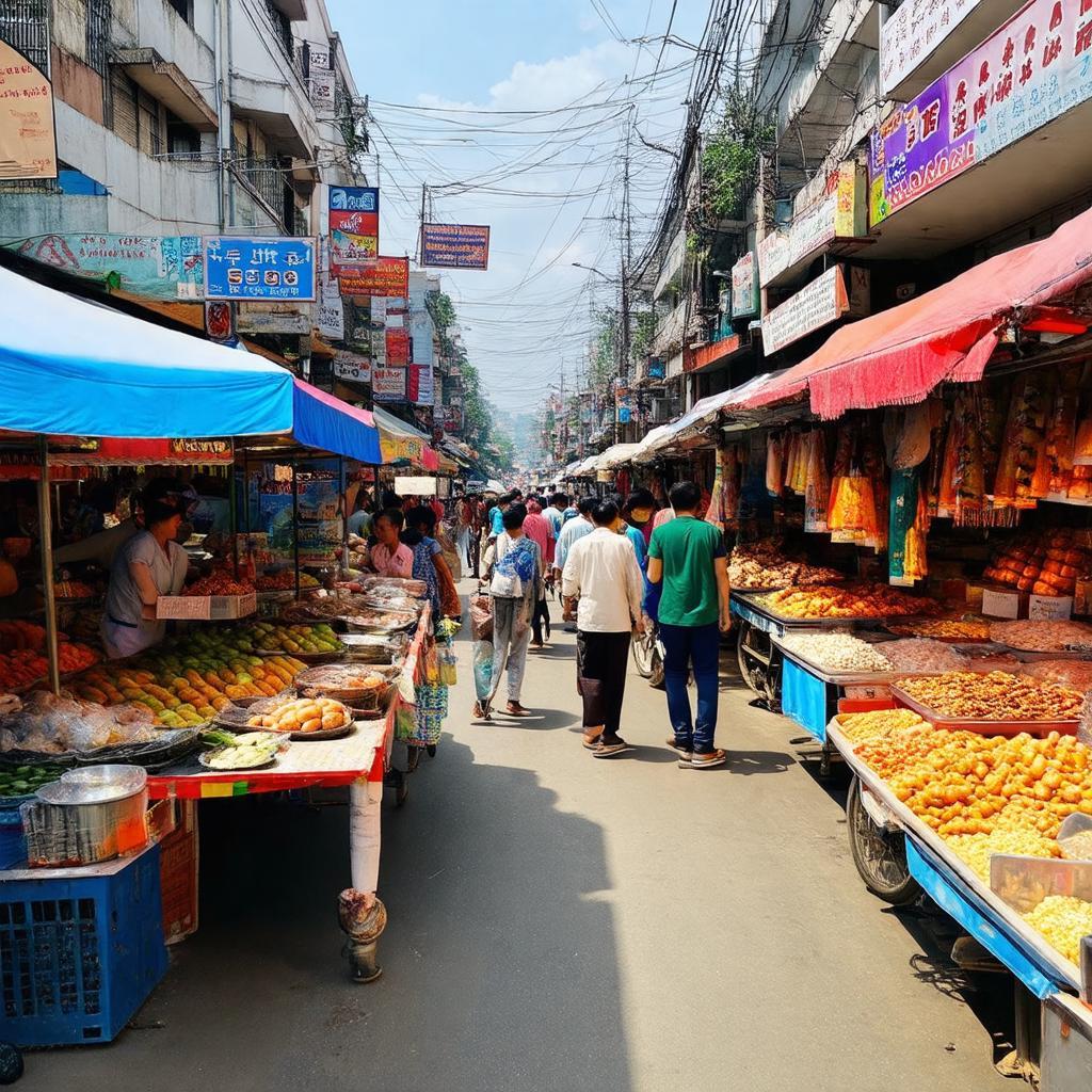Quang cảnh chợ và quán ăn sầm uất gần Ngã Tư Đất Thành Bình Dương với nhiều mặt hàng
