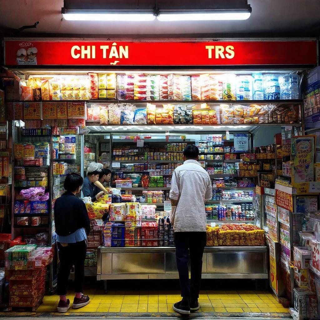 Một sạp bán tạp hóa với đủ loại bánh kẹo và đồ dùng tại Chợ Tân Trụ, Nguyễn Sỹ Sách
