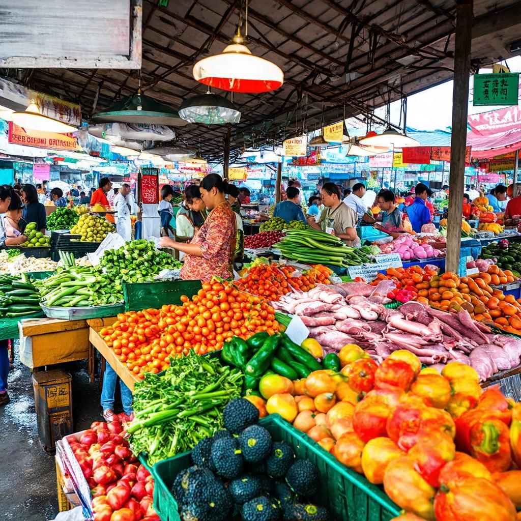 Quang cảnh sạp bán thực phẩm tươi sống đầy màu sắc tại Chợ Tân Trụ ở Tân Bình