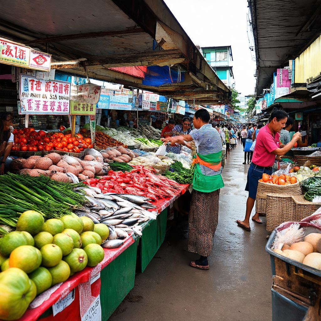 Quang canh cho truyen thong tap nap voi nhieu nong san, thuc pham va nguoi mua ban o cho moi an giang