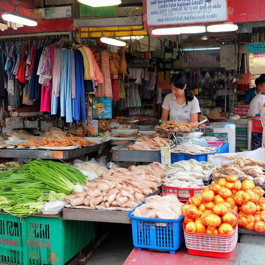 Các gian hàng đồ dùng gia đình, quần áo và khu vực ăn vặt tại Chợ Tứ Hiệp đa dạng