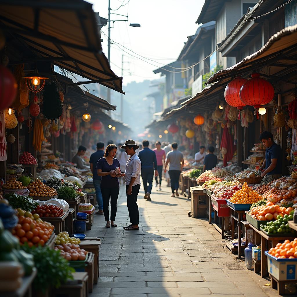 Toàn cảnh khu chợ Túy Loan ở Hòa Phong, Hòa Vang, Đà Nẵng vào buổi sáng sớm với nhiều người mua bán tấp nập và các gian hàng đầy màu sắc