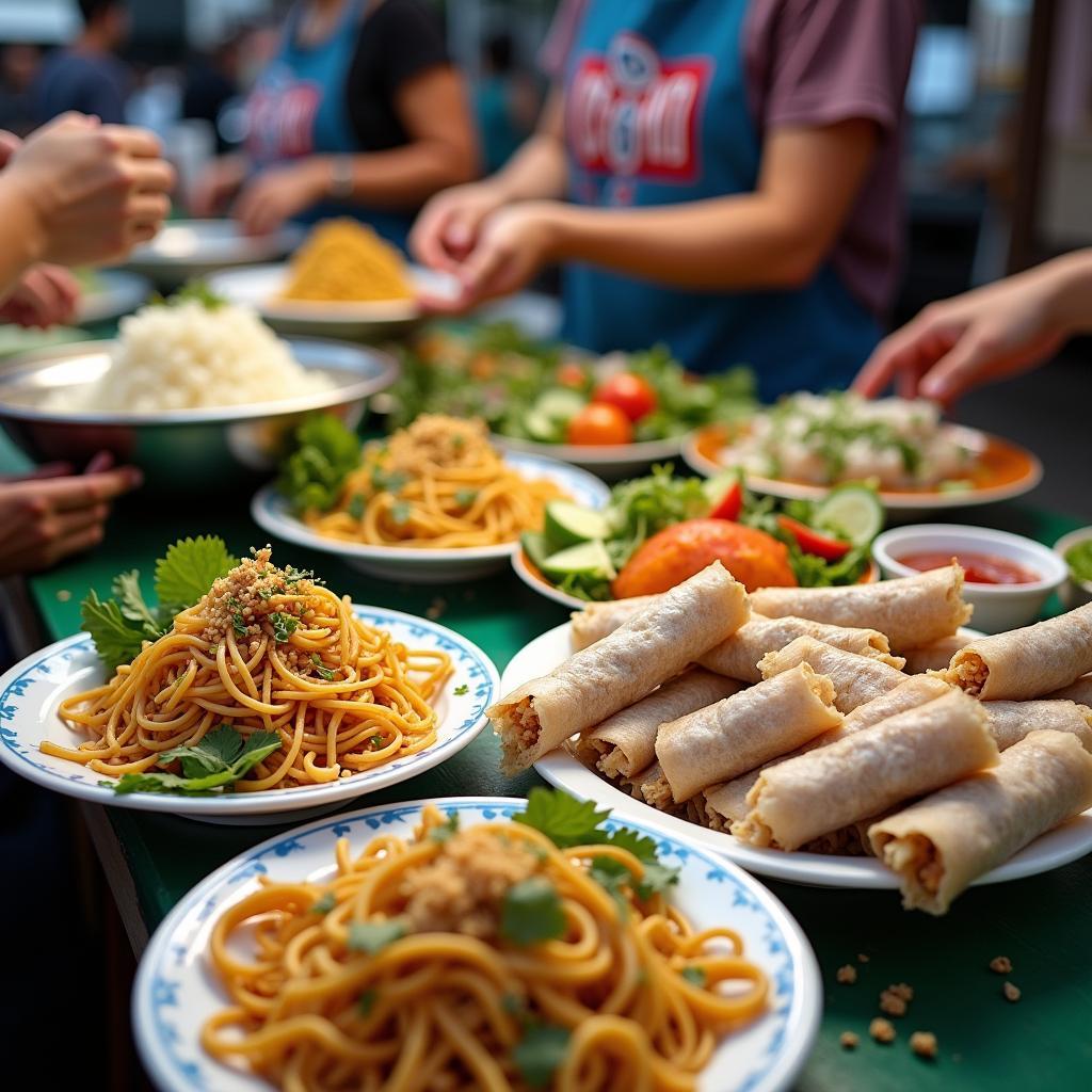 Hình ảnh một gian hàng bán đặc sản mì Quảng và bánh tráng cuốn thịt heo tại Chợ Túy Loan, Hòa Phong, Hòa Vang, Đà Nẵng