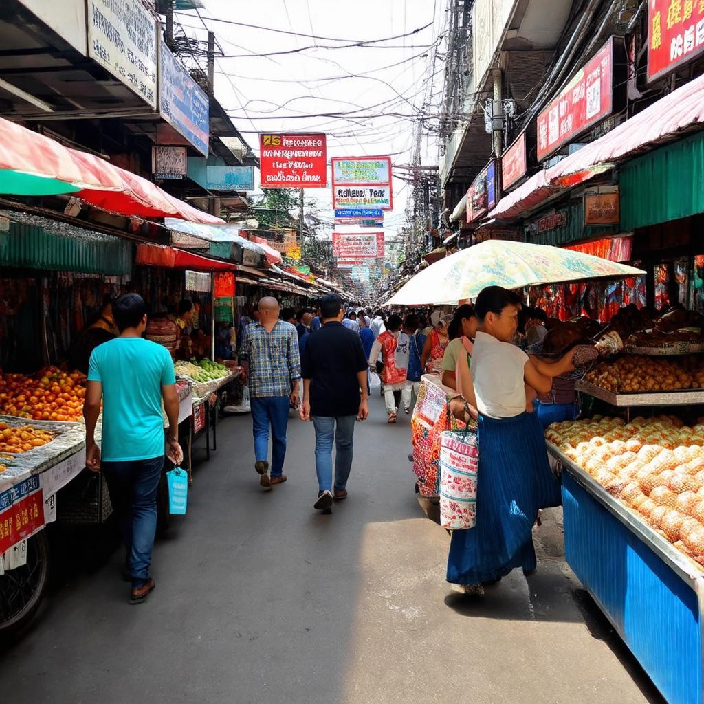 Khung cảnh nhộn nhịp, tấp nập của Chợ Vĩnh Lộc Bình Chánh với nhiều người mua bán.