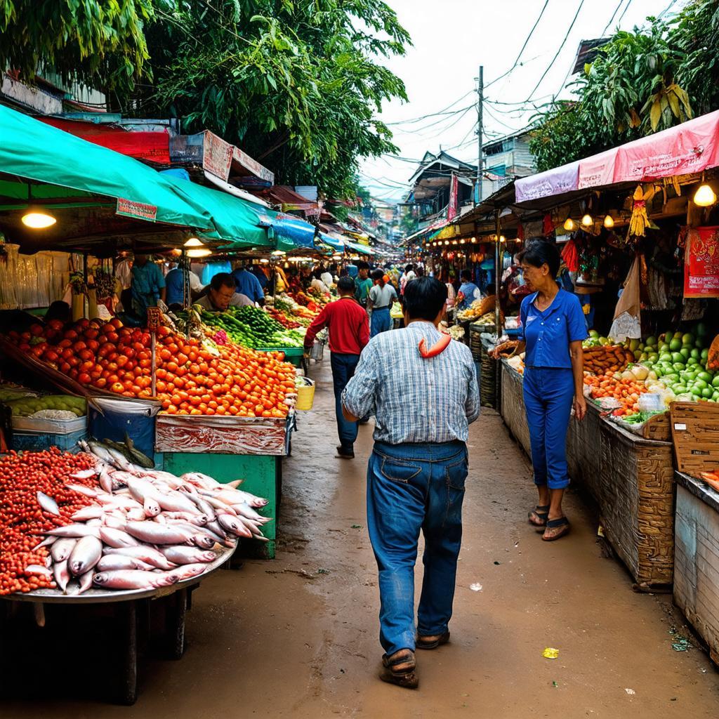 Quang cảnh nhộn nhịp và đầy màu sắc tại Chợ Vĩnh Viễn Hậu Giang vào buổi sáng sớm.