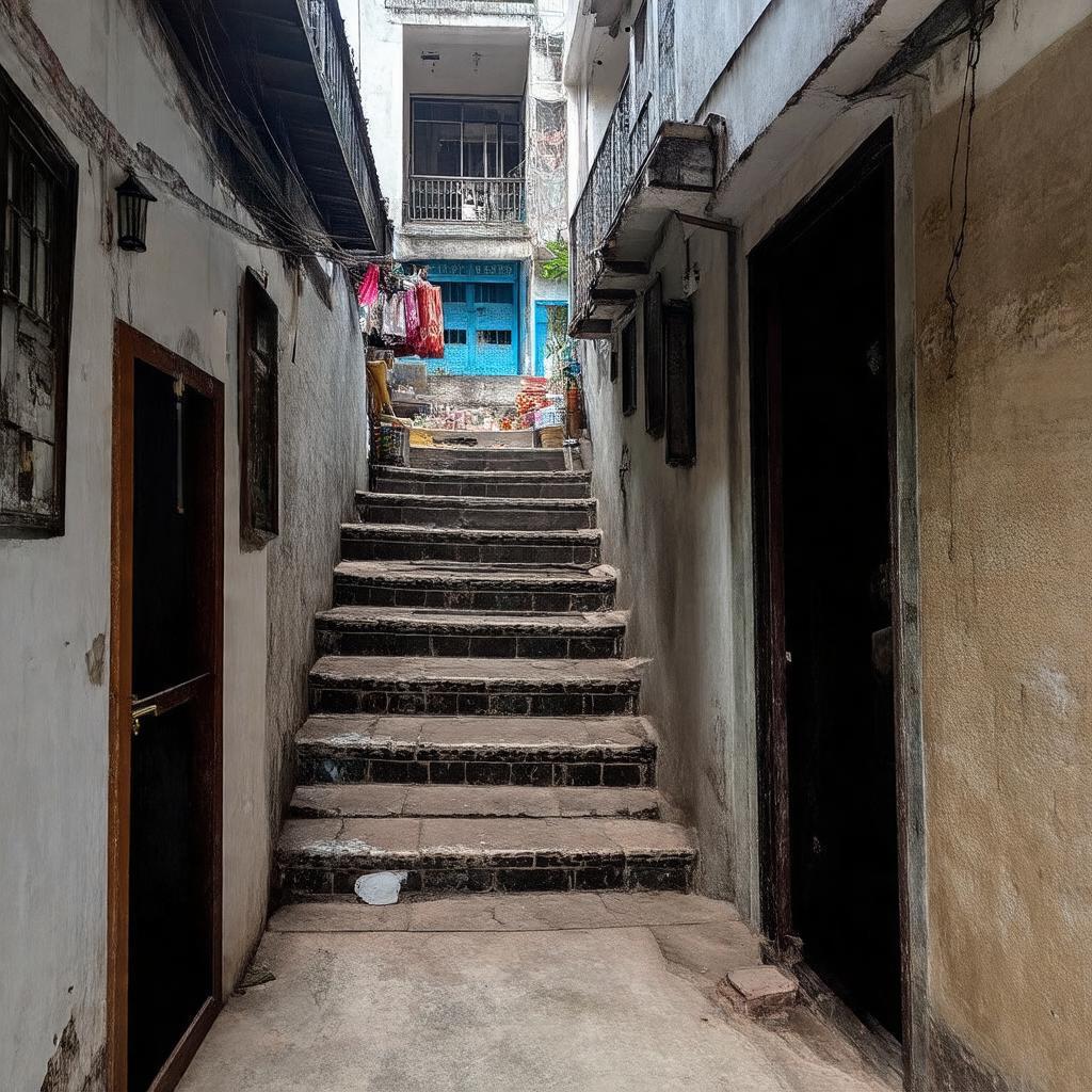 Cầu thang hoặc lối đi nhỏ bên trong khu chung cư cũ tại Hẻm 141 Nguyễn Cư Trinh, quận 1, thể hiện nét kiến trúc hoài cổ