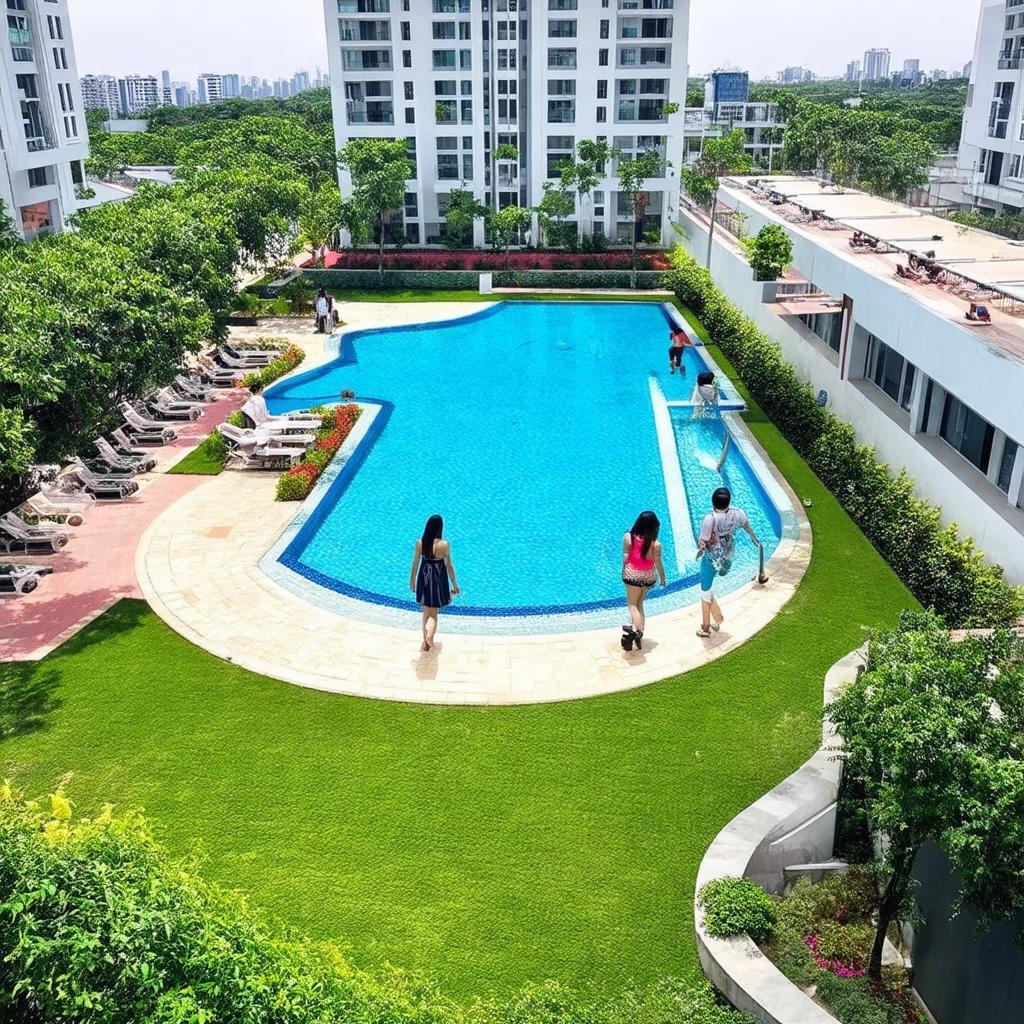 Hình ảnh chung cư Tropic Garden với cảnh quan xanh mát, hồ bơi rộng lớn và các tòa nhà hiện đại