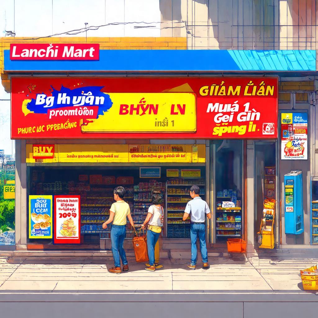 Biển hiệu và áp phích quảng cáo các chương trình khuyến mãi, ưu đãi hấp dẫn tại cửa hàng Lanchi Mart.