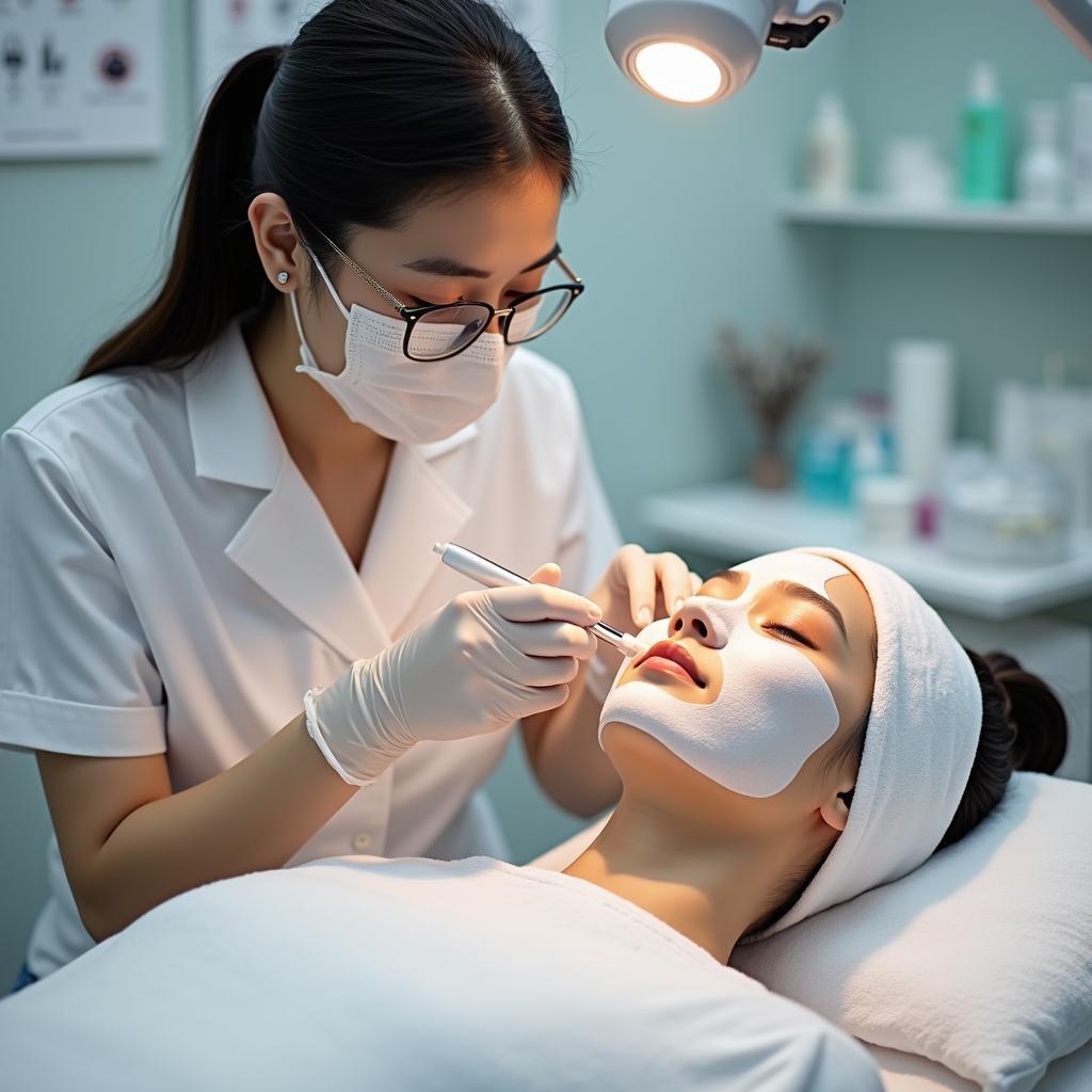 Chuyên viên tận tâm thực hiện liệu trình chăm sóc da tại Thẩm mỹ viện Kiều Linh 27 Phạm Văn Đồng, Pleiku.