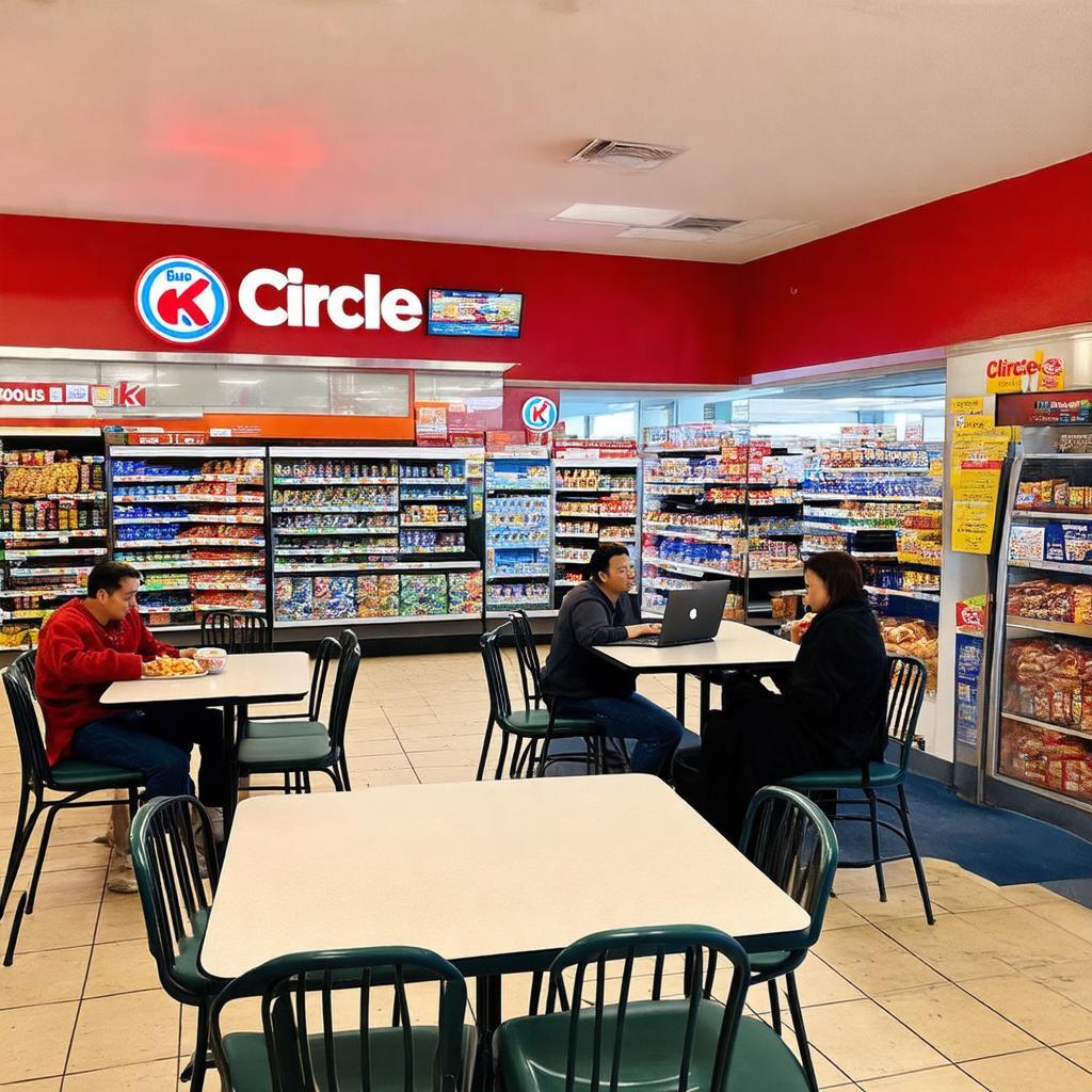 Khu vuc cho ngoi ben trong Circle K, noi khach hang co the nghi chan va thuong thuc do an uong.