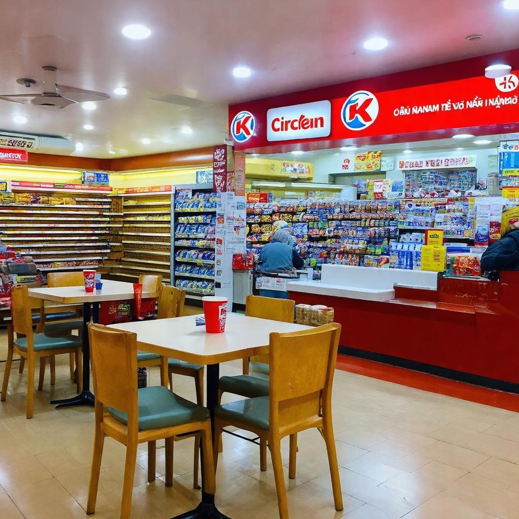Khu vực chỗ ngồi nhỏ gọn bên trong Circle K 91 Trung Kính, nơi khách nghỉ chân hoặc dùng bữa nhanh