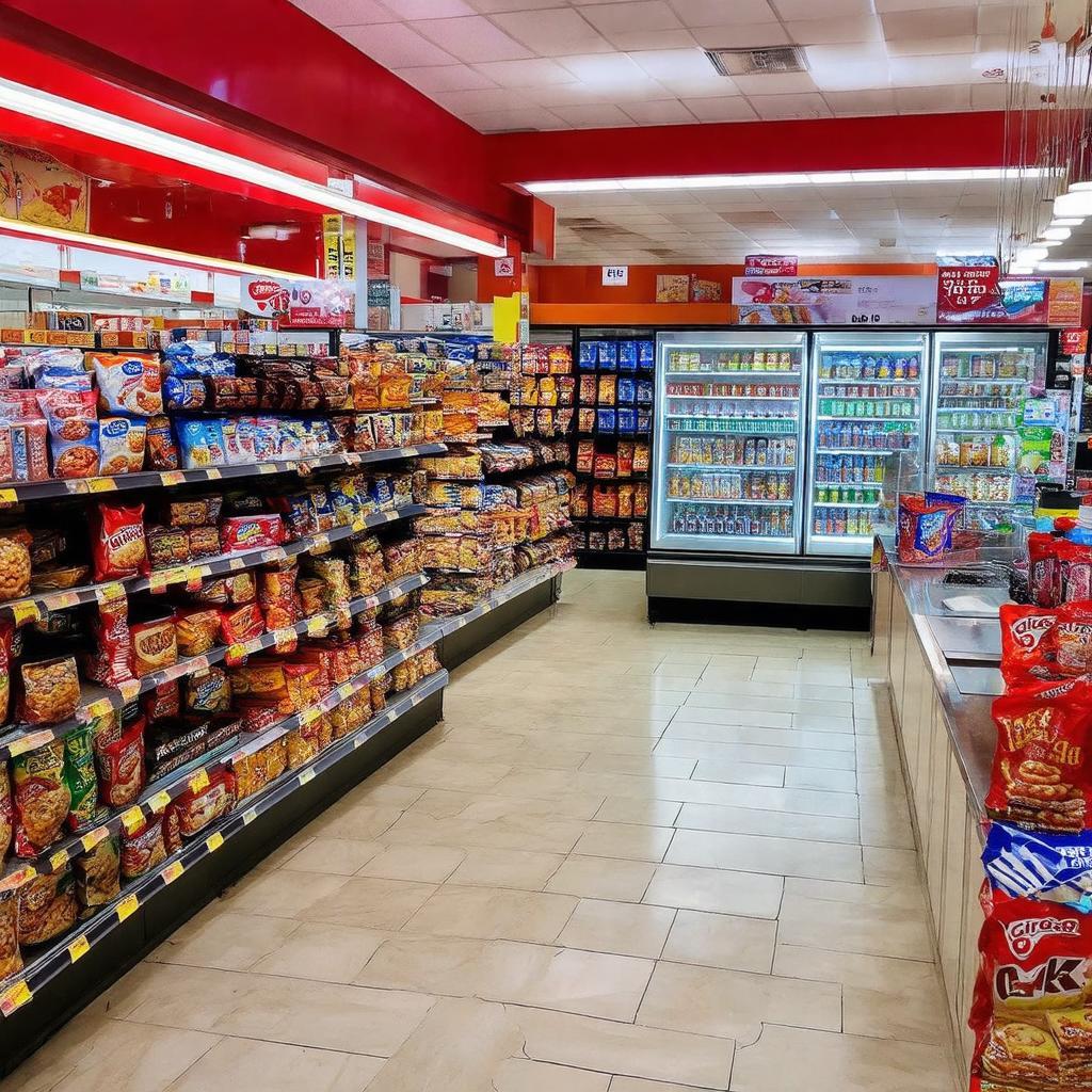 Bên trong Circle K 91 Trung Kính với các quầy kệ trưng bày đa dạng sản phẩm đồ ăn, thức uống đóng gói