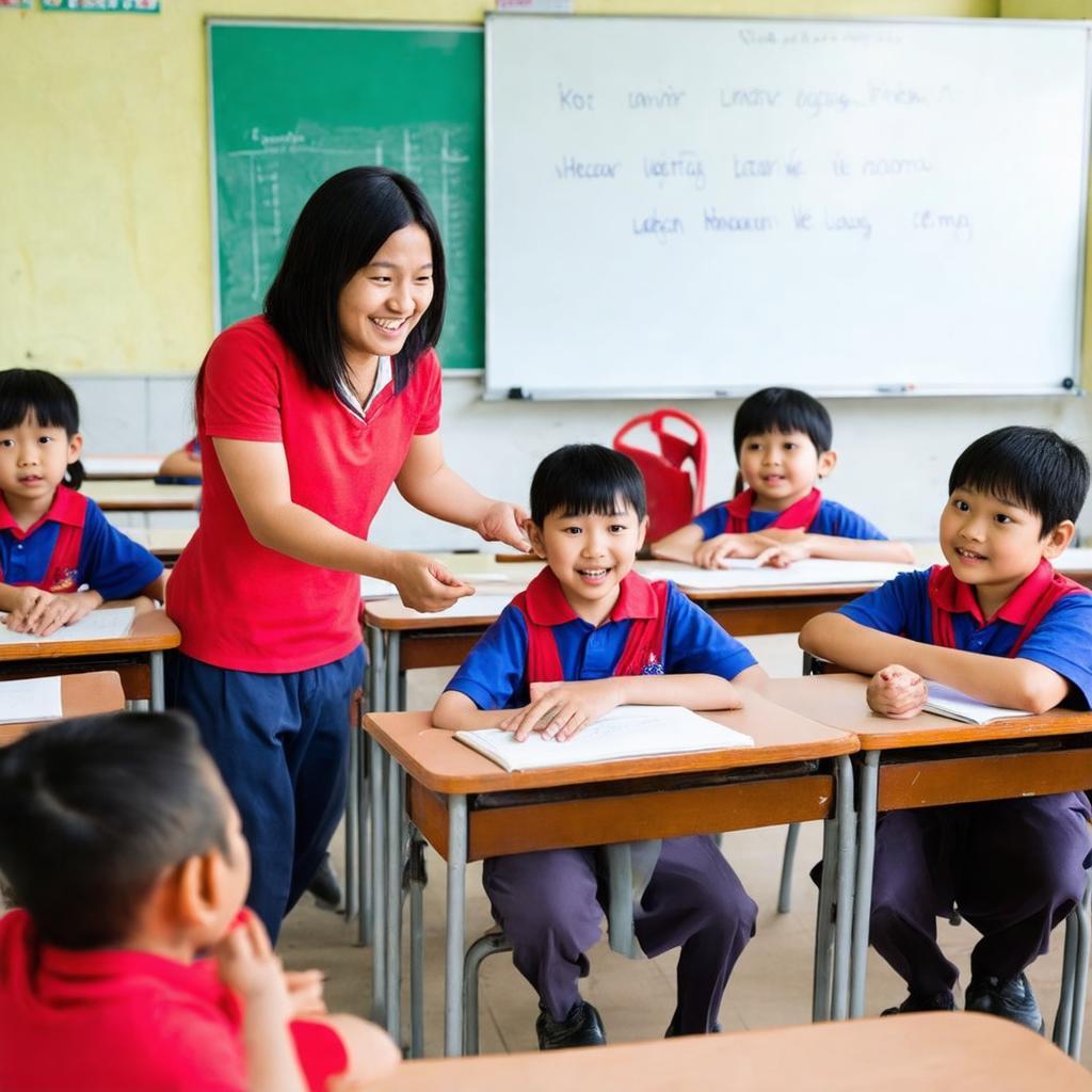 Cô giáo Trường Tiểu Học Bình Chiểu tận tâm hướng dẫn học sinh trong môi trường lớp học thân thiện.