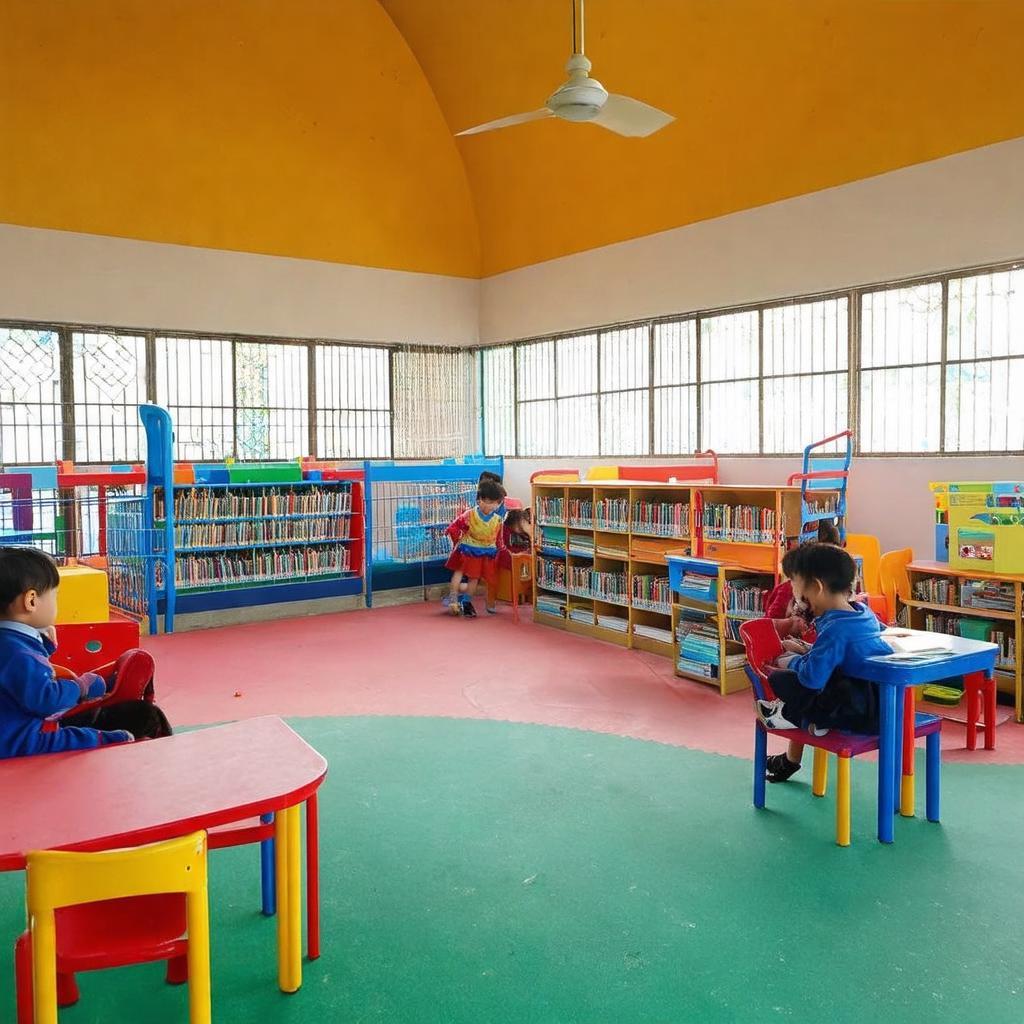 Khu vực sân chơi hoặc thư viện của Trường Tiểu học Nguyễn Văn Trỗi với cơ sở vật chất sạch đẹp.