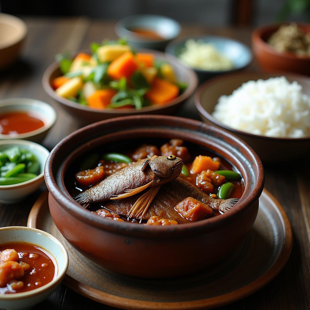Mâm cơm quê Việt Nam đậm đà hương vị với cá kho tộ và rau luộc chấm kho quẹt