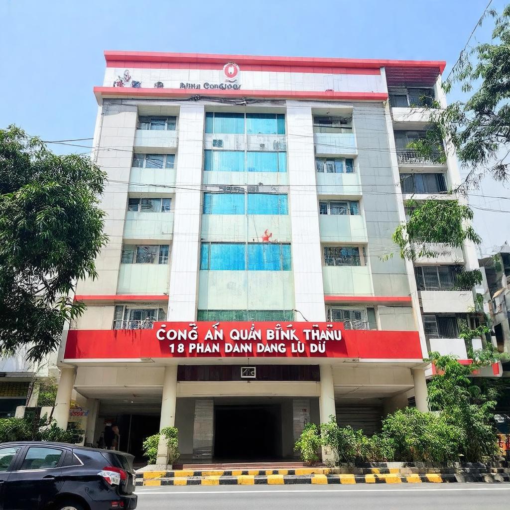 Hình ảnh trụ sở Công an quận Bình Thạnh tại số 18 Phan Đăng Lưu trên con đường tấp nập xe cộ