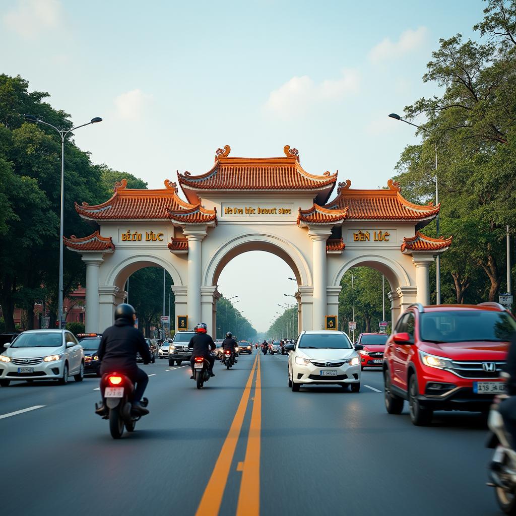 Giao thông tấp nập qua Cổng chào Bến Lức, minh họa vai trò điểm nút quan trọng.