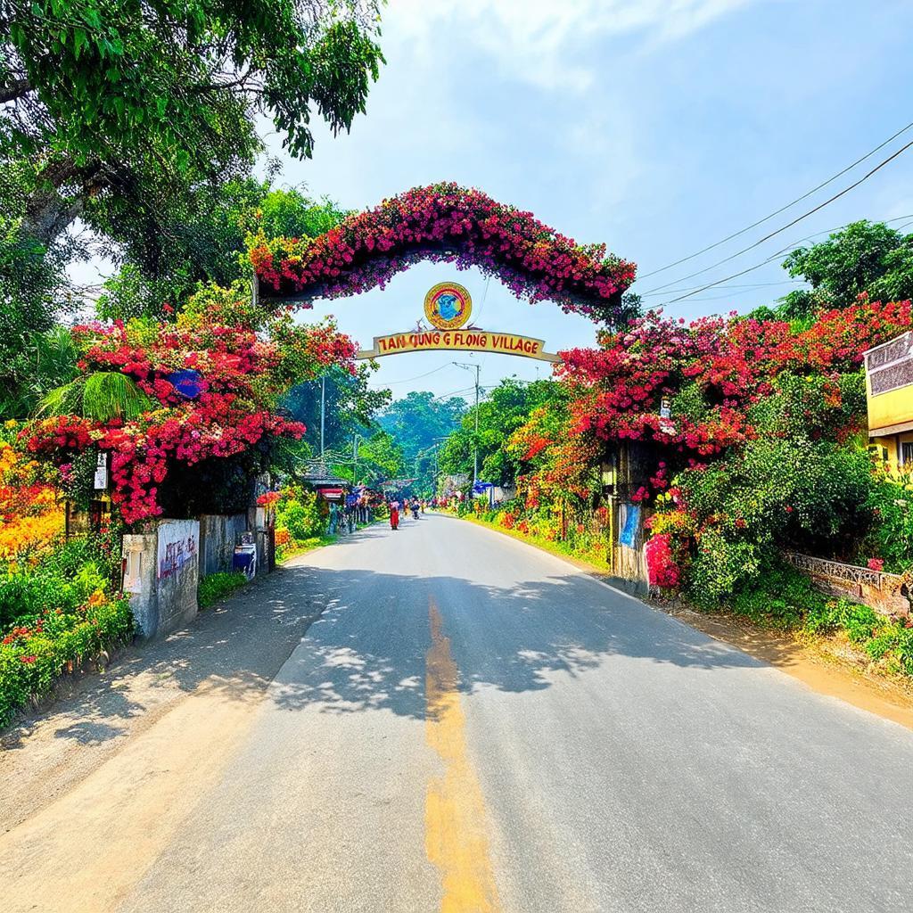 Cổng chào và cảnh quan khi bước vào Làng Hoa Tân Quy Đông sau khi qua phà Sa Đéc.