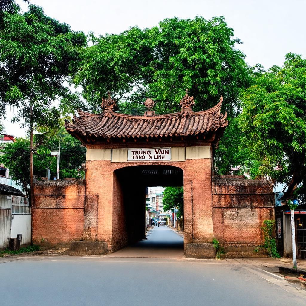 Cổng đình làng Trung Văn cổ kính nhìn từ phố Đại Linh, thể hiện kiến trúc truyền thống.