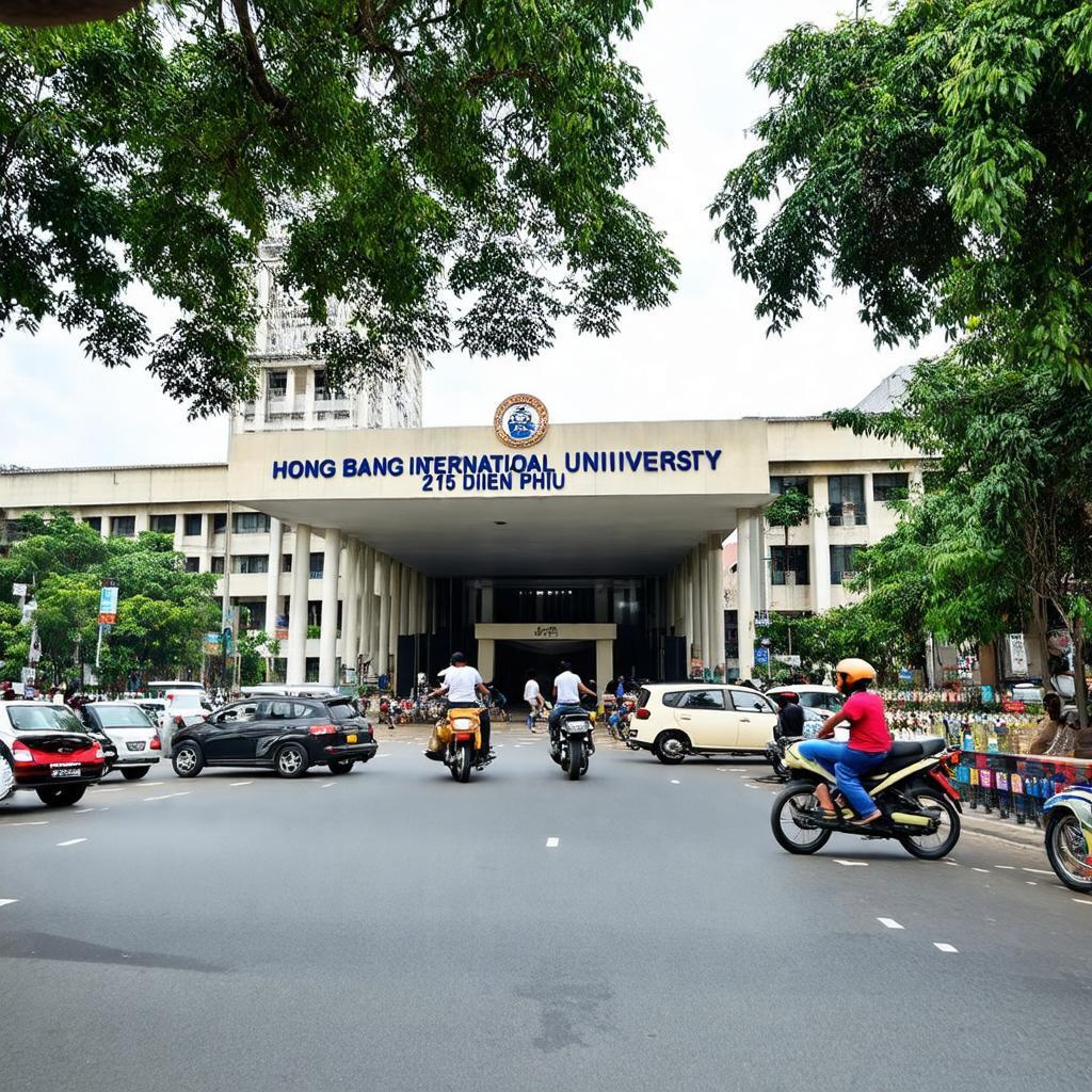 Cổng trường Đại học Quốc Tế Hồng Bàng nhìn từ đường Điện Biên Phủ sầm uất