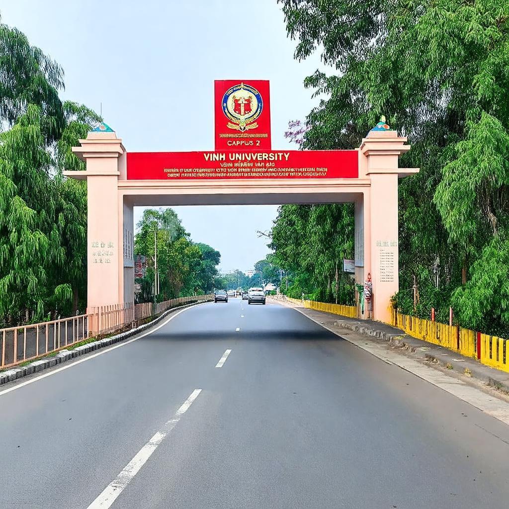Cổng chính Cơ sở 2 Đại học Vinh nhìn từ Quốc lộ 46, có biển hiệu rõ ràng
