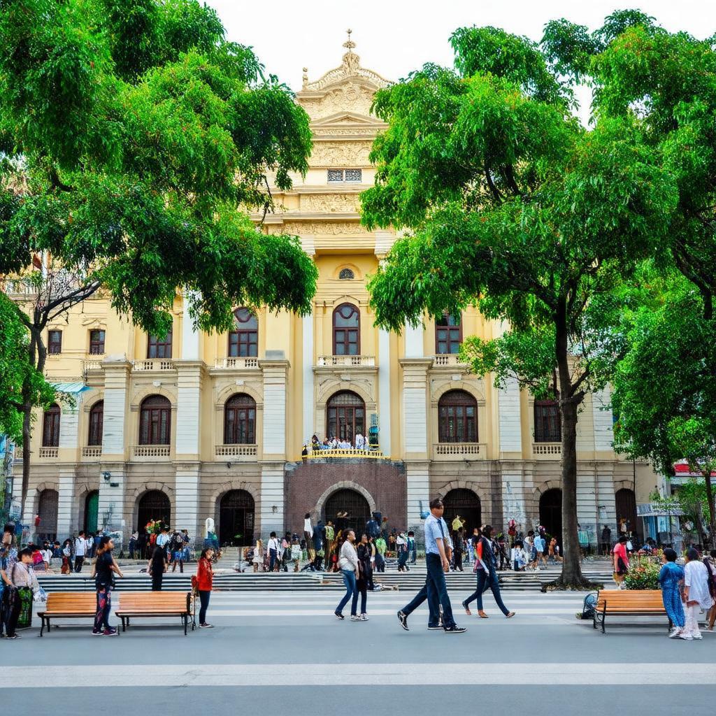 Khung cảnh nhộn nhịp tại Công Trường Lam Sơn với Nhà hát Thành phố làm nền, thể hiện không gian công cộng trung tâm.