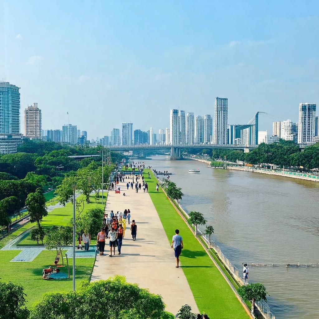 Công viên Bến Bạch Đằng cạnh bến tàu, không gian xanh ven sông Sài Gòn ở trung tâm quận 1.