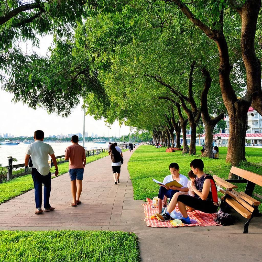 Người dân tản bộ, thư giãn trong không gian xanh công viên Bình An bên sông Sài Gòn.