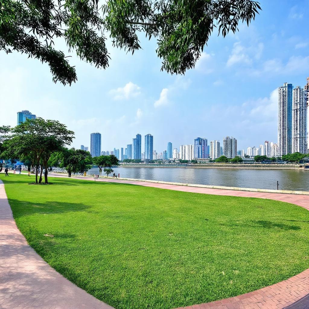 Toàn cảnh Công viên Bờ sông Panorama Quận 7 với không gian xanh mát và dòng sông Sài Gòn