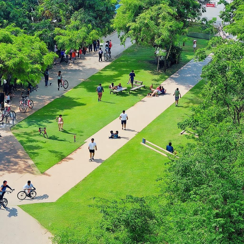 Toàn cảnh công viên Gia Định xanh mát, rộng lớn, nơi mọi người tập thể dục, thư giãn.
