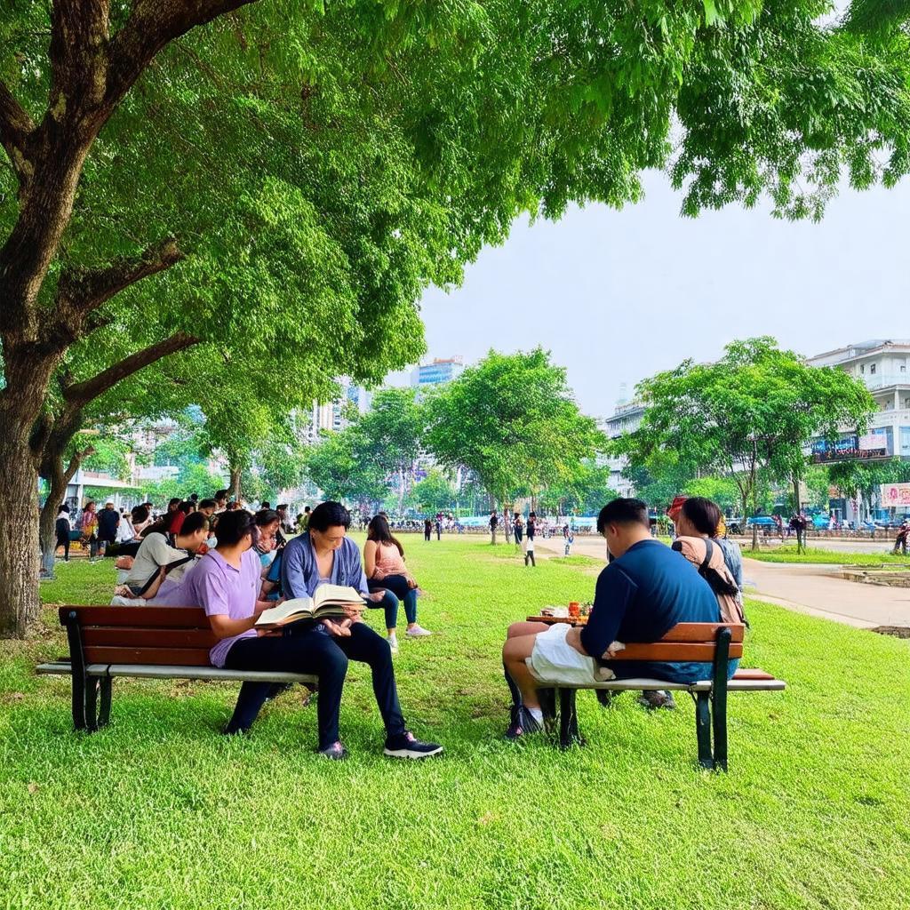Mọi người thư giãn trên ghế đá hoặc tụ tập trên bãi cỏ tại Công viên Gò Vấp.