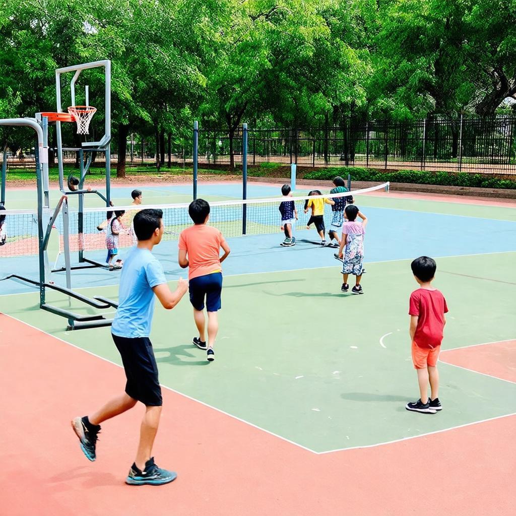 Người dân tập thể dục tại khu vực máy tập hoặc chơi thể thao trên sân tại Công viên Gò Vấp.